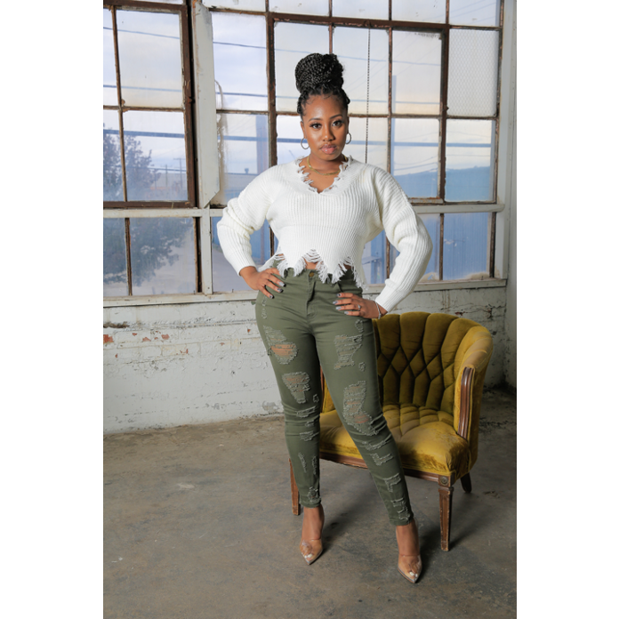 Hi Waist Distressed Klass Jeans - Olive